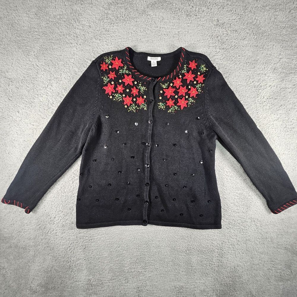 Hampshire Studio Sweater Womens XL‎ Black  Floral Beaded Ugly Christmas Winter